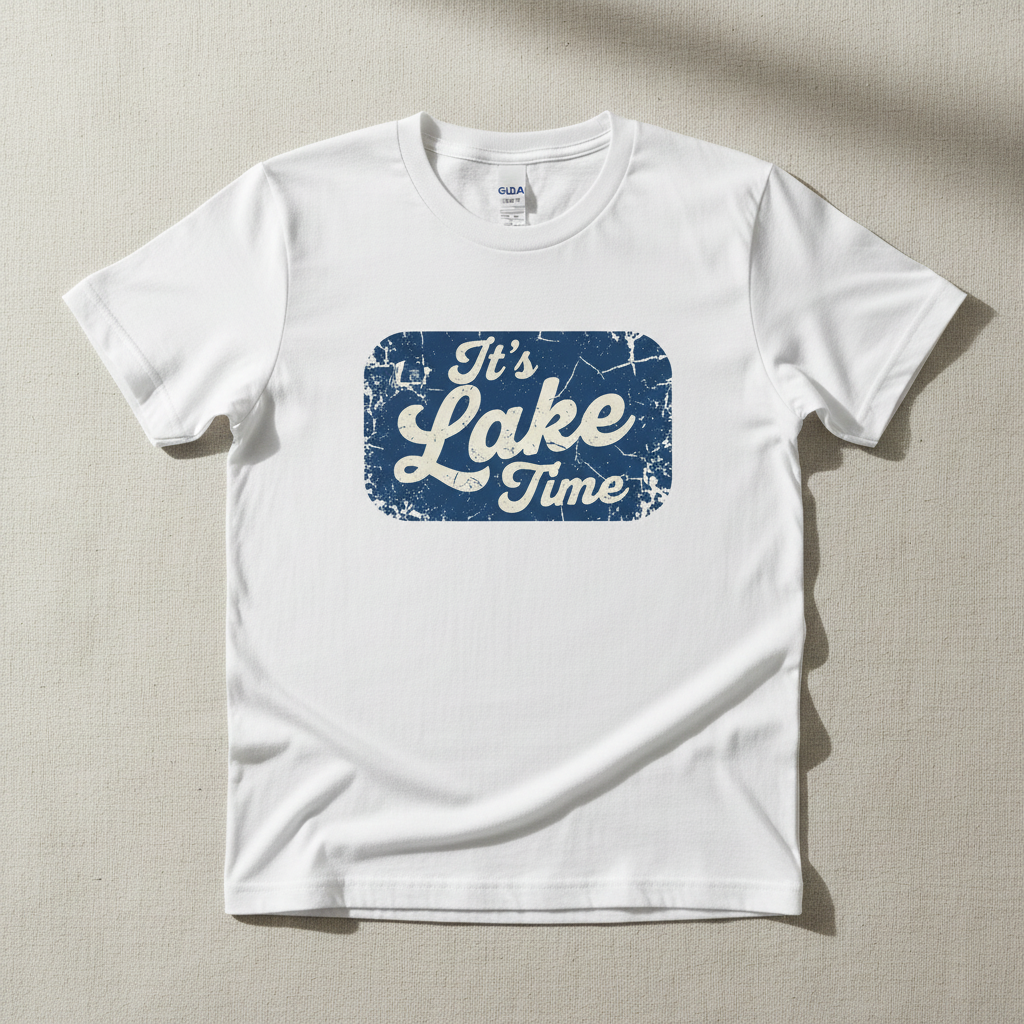 It's Lake Time vintage badge tee in blue on white Gildan Softstyle