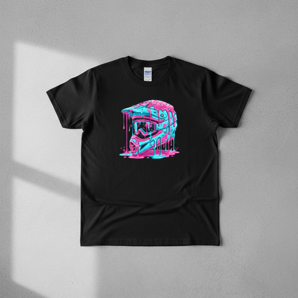 Neon drip motocross helmet in hot pink and cyan hand-pressed graphic tee on a black Gildan Softstyle shirt