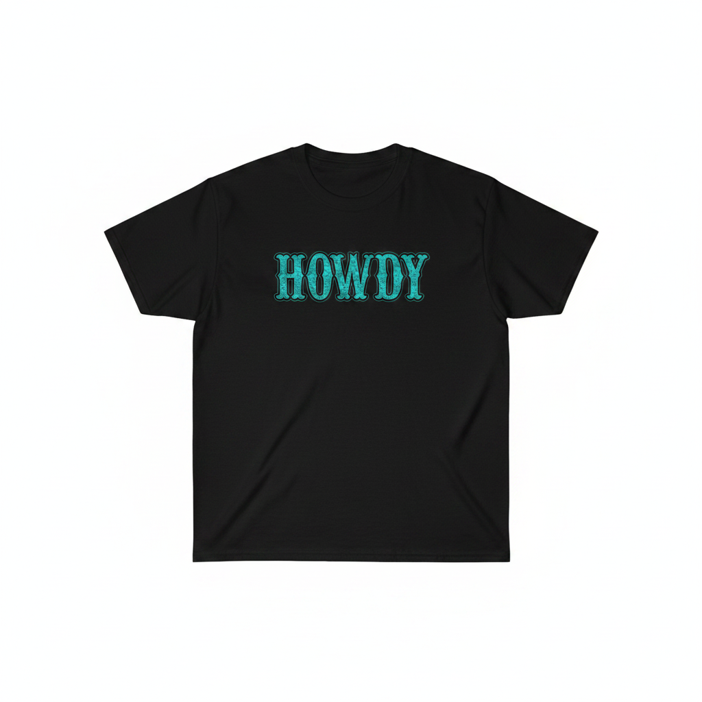 Turquoise stone Howdy tee on black shirt with white backdrop