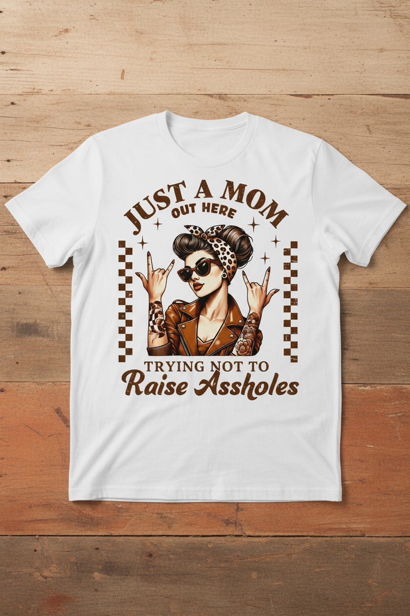 Just a Mom Out Here Tee mockup on white shirt