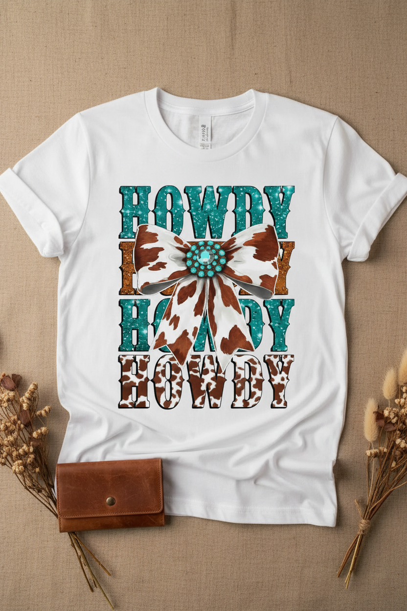 Howdy Cow Print Bow Tee mockup on white shirt