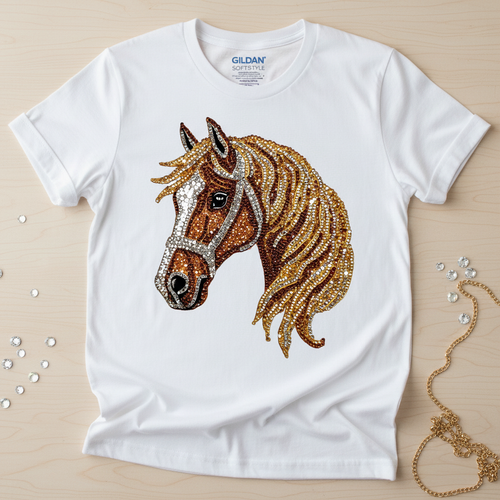 Bejeweled golden horse hand-pressed graphic tee on a Gildan Softstyle shirt