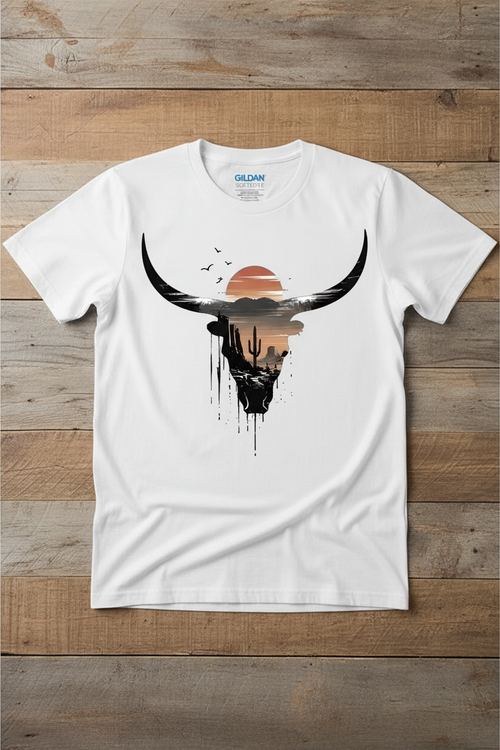 Desert Sunset Longhorn Skull Tee mockup on white shirt