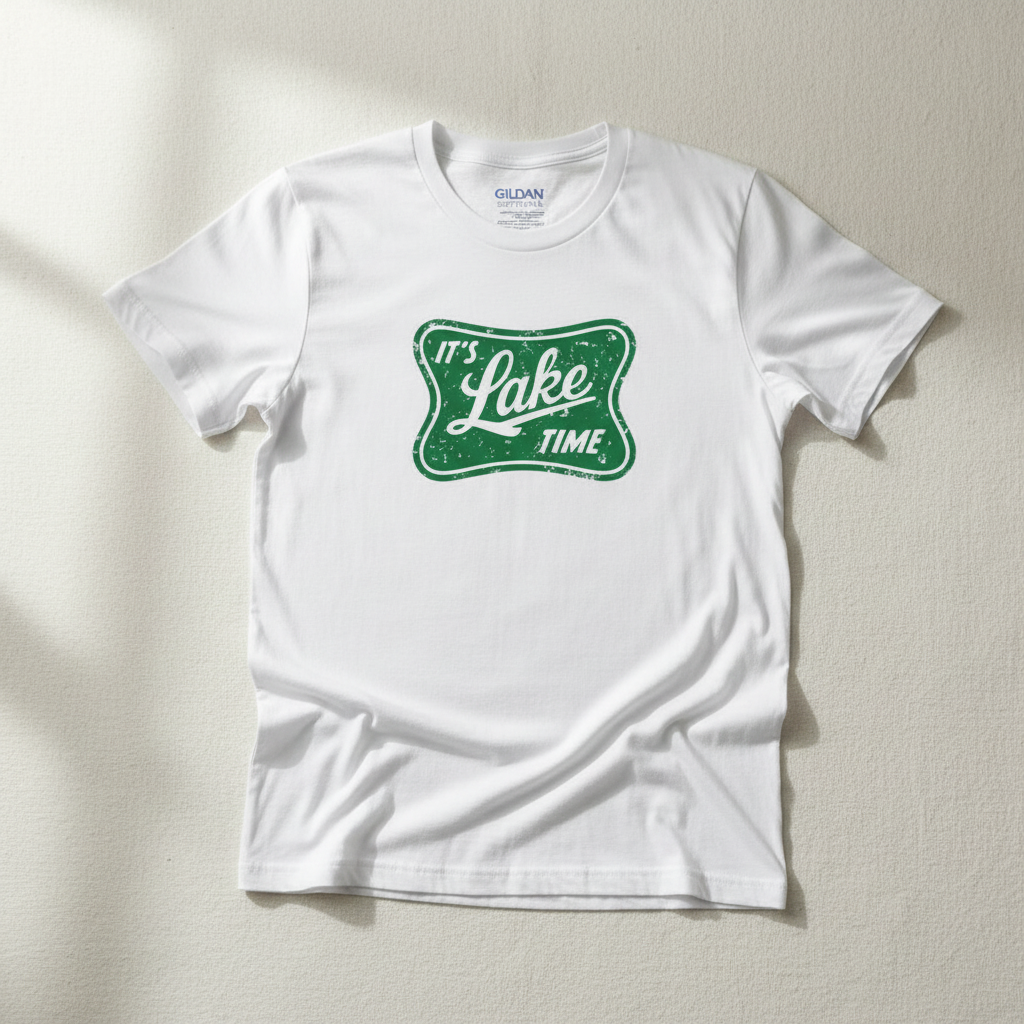It's Lake Time vintage badge tee in green on white Gildan Softstyle