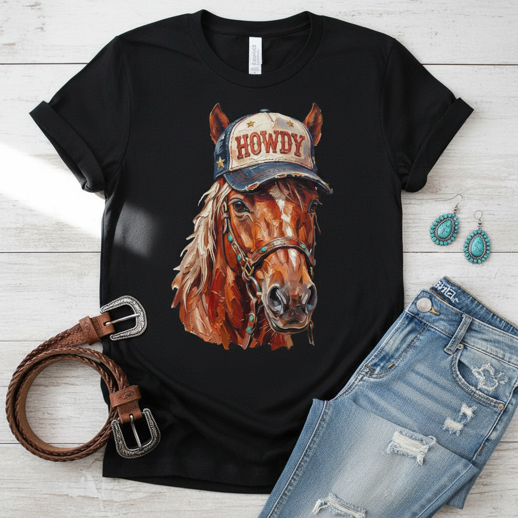 Chestnut horse wearing Howdy denim cap with turquoise bridle hand-pressed graphic tee on a Gildan Softstyle shirt