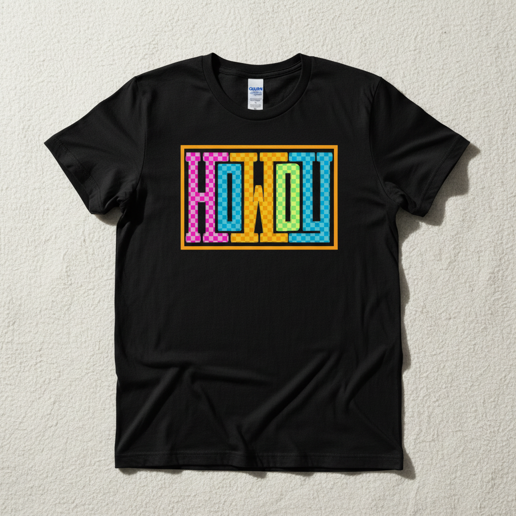 Retro checkered Howdy neon graphic hand-pressed tee on a Gildan Softstyle shirt