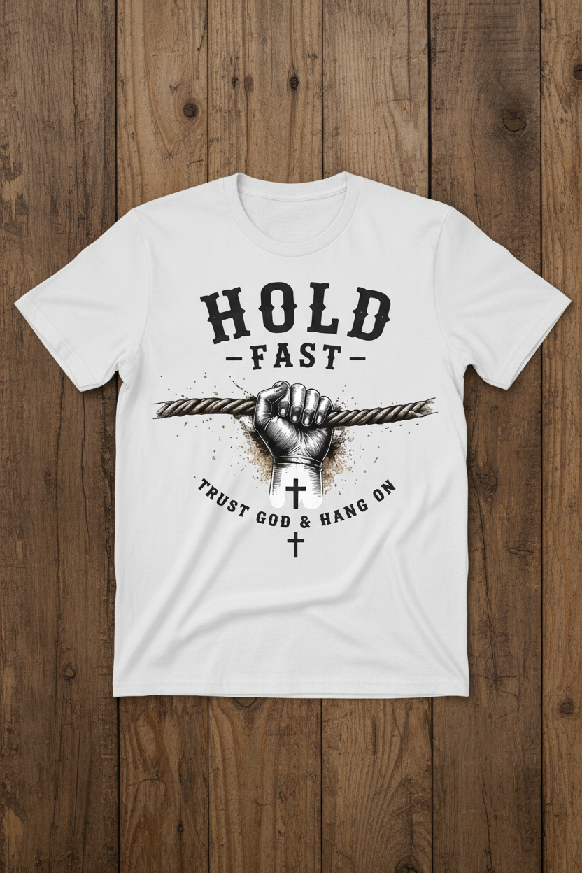 Hold Fast Trust God and Hang On Tee mockup on white shirt
