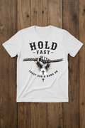 Hold Fast Trust God and Hang On Tee mockup on white shirt