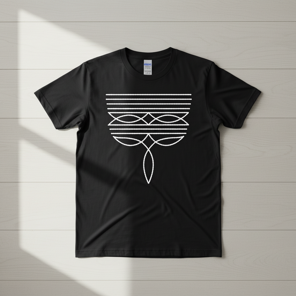 Boho rope macramé geometric tee on black Gildan Softstyle shirt