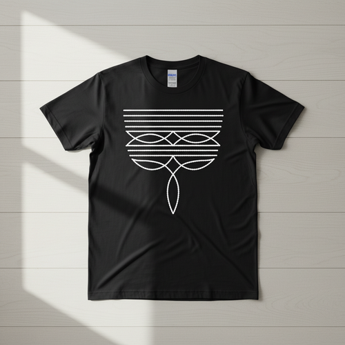 Boho rope macramé geometric tee on black Gildan Softstyle shirt