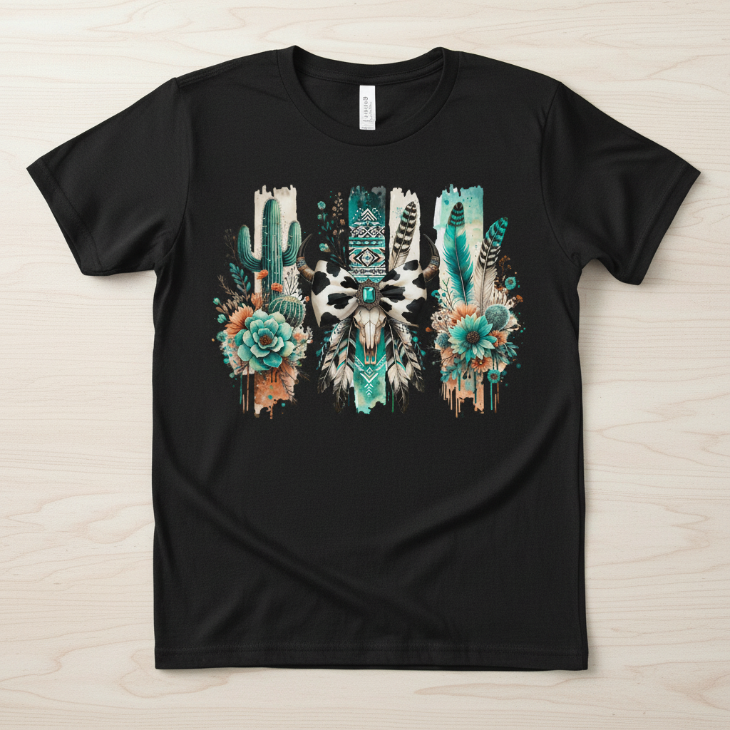Boho western cowhide skull with turquoise gem and feathers hand-pressed graphic tee on a Gildan Softstyle shirt
