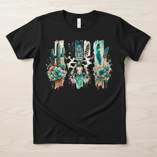 Boho western cowhide skull with turquoise gem and feathers hand-pressed graphic tee on a Gildan Softstyle shirt