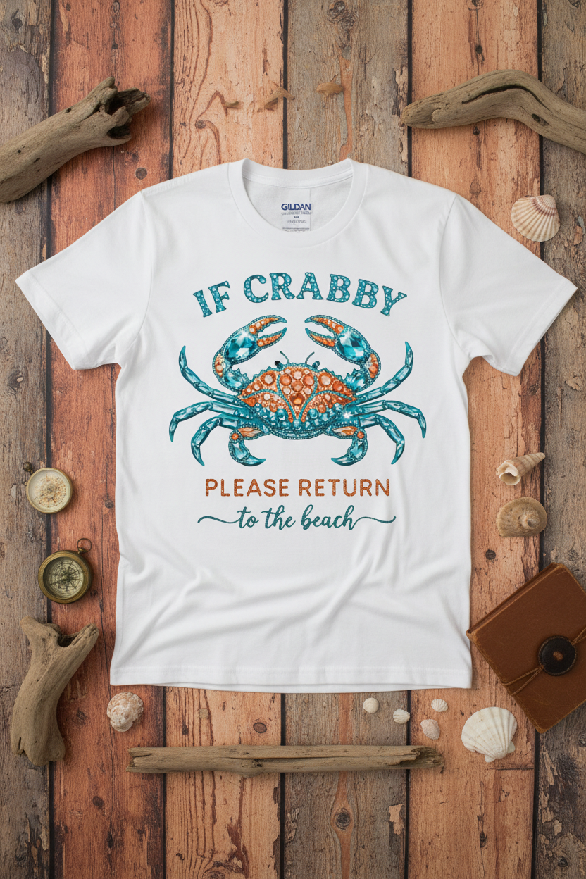 If Crabby Please Return to the Beach Tee mockup on white shirt