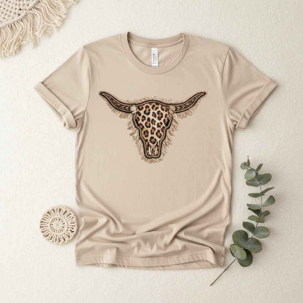 Leopard print longhorn skull hand-pressed graphic tee on a sand Gildan Softstyle shirt