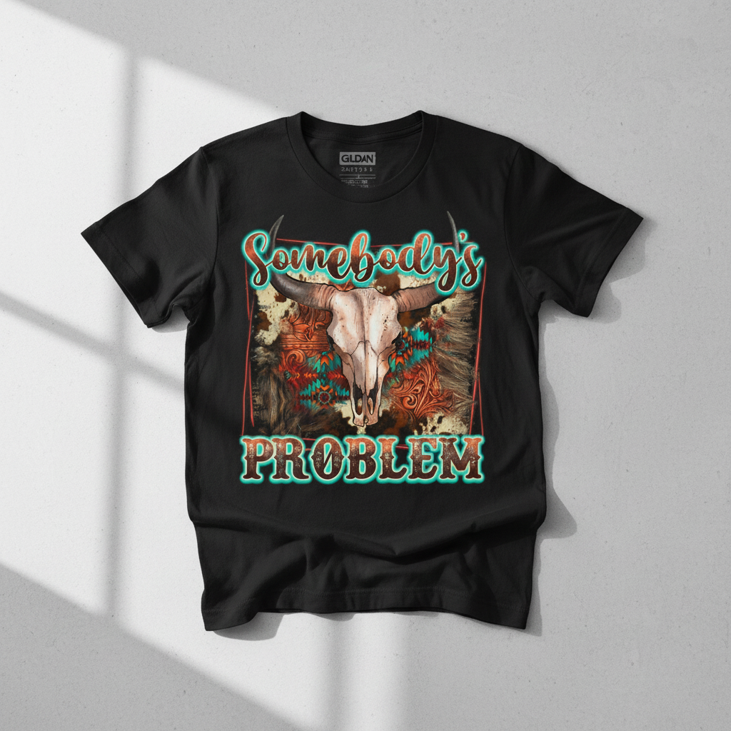 Somebody's Problem bold western longhorn skull graphic tee on a Gildan Softstyle shirt