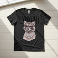 Unhinged raccoon with leopard sunglasses and diamond necklace hand-pressed graphic tee on a Gildan Softstyle shirt