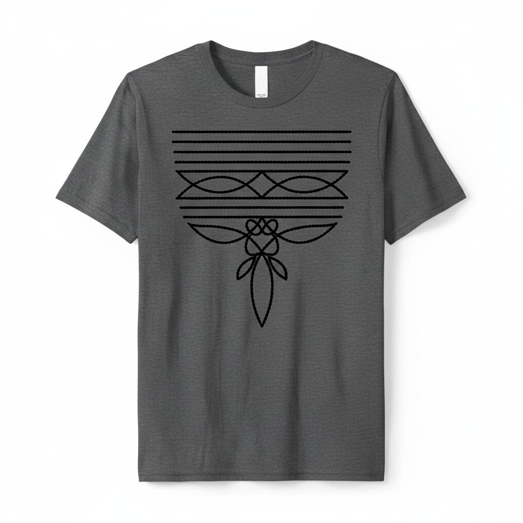 Boho black rope macramé geometric tee on heather dark grey Gildan Softstyle shirt