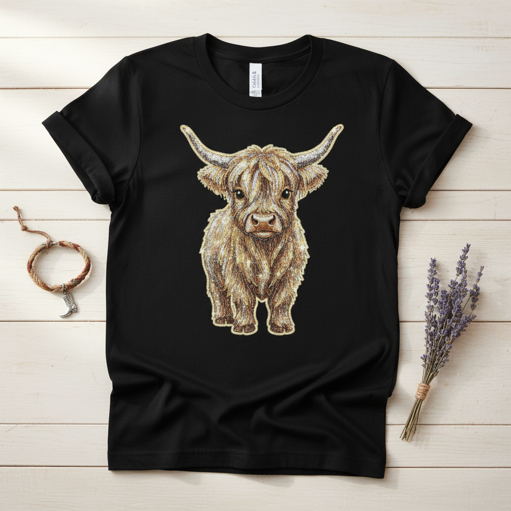 Glitter Highland cow hand-pressed graphic tee on a Gildan Softstyle shirt