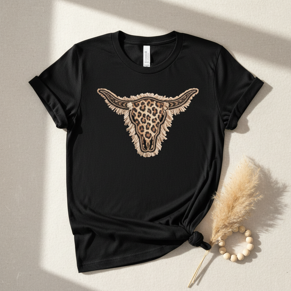 Leopard print longhorn skull hand-pressed graphic tee on a black Gildan Softstyle shirt
