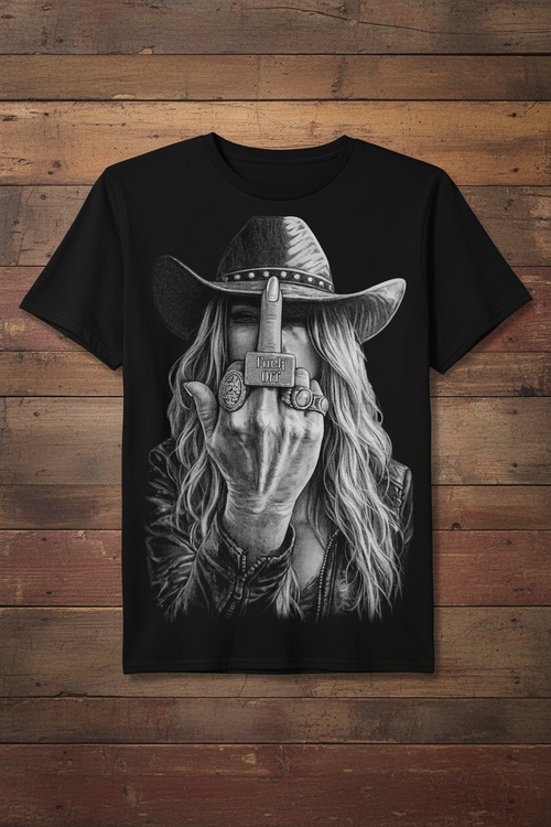 Cowgirl F*** Off Tee mockup on black shirt