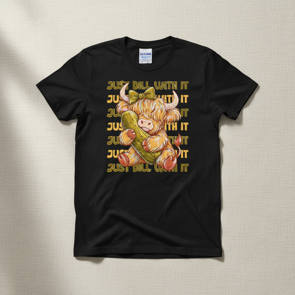 Just Dill With It Highland cow hugging a pickle hand-pressed graphic tee on a black Gildan Softstyle shirt