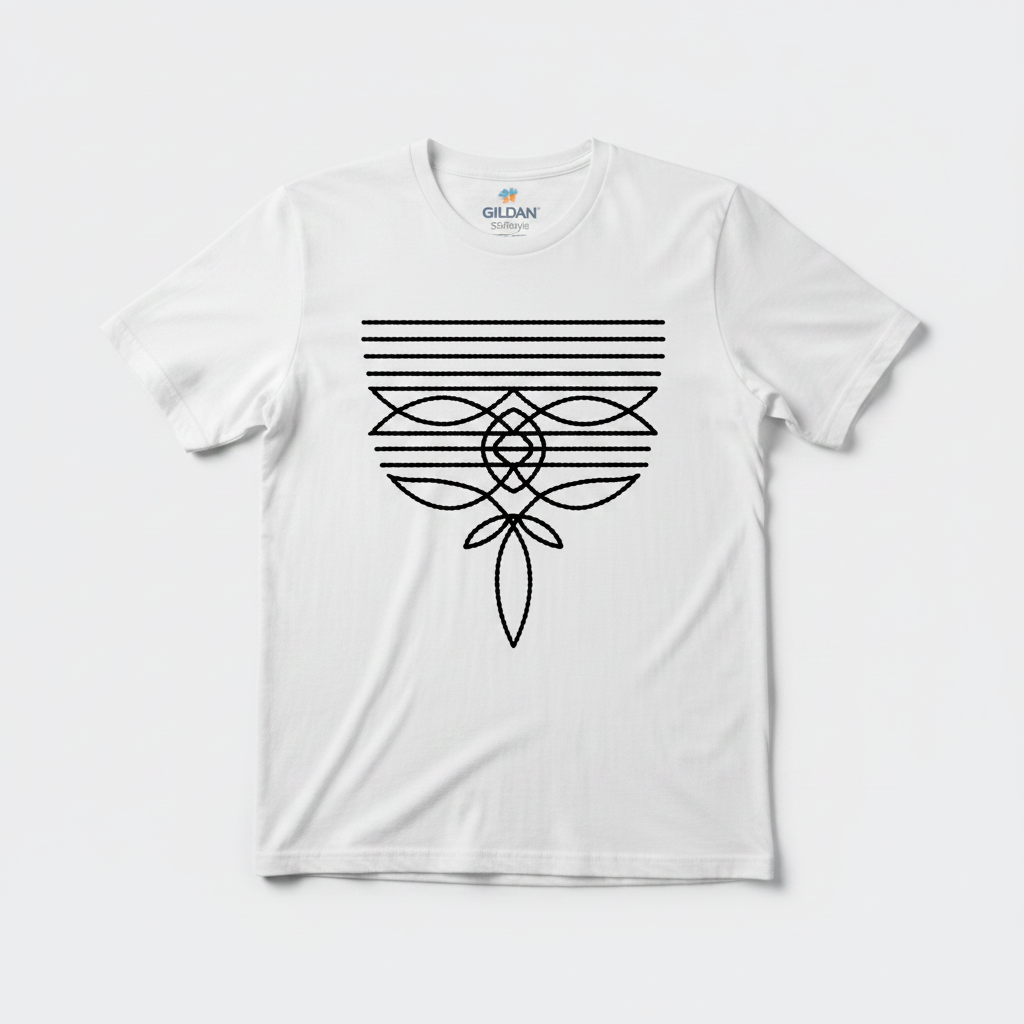 Boho black rope macramé geometric tee on white Gildan Softstyle shirt