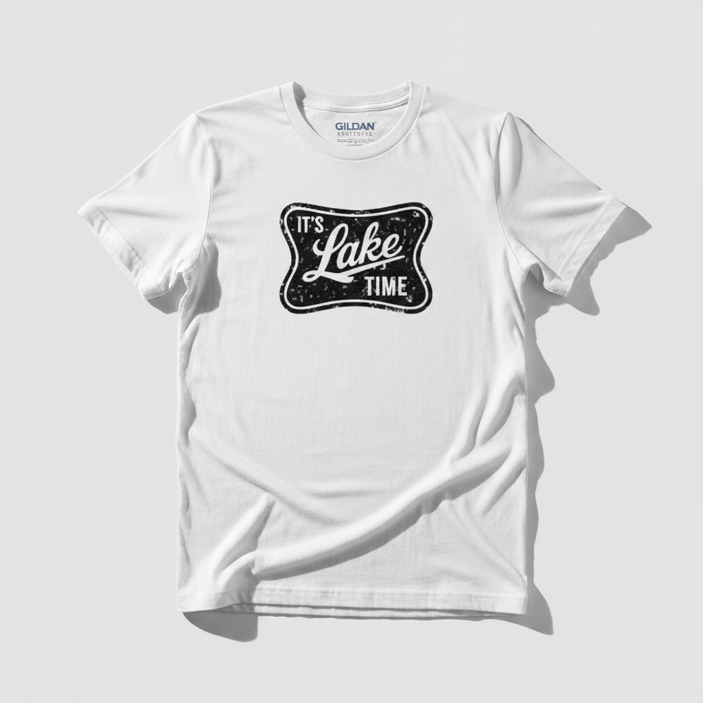 It's Lake Time vintage badge tee in black on white Gildan Softstyle