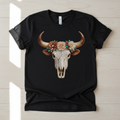 Crystal rhinestone bull skull with jeweled flowers hand-pressed graphic tee on a Gildan Softstyle shirt
