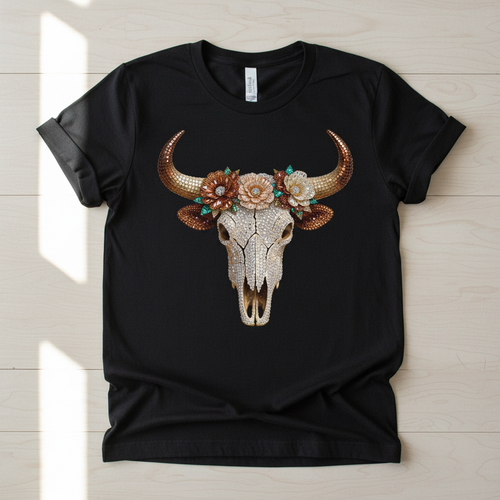 Crystal rhinestone bull skull with jeweled flowers hand-pressed graphic tee on a Gildan Softstyle shirt