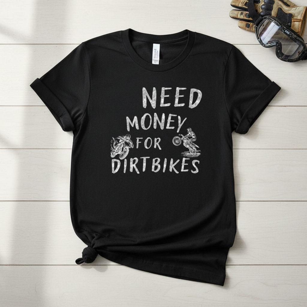 Need Money for Dirtbikes distressed chalk-style hand-pressed graphic tee on a black Gildan Softstyle shirt