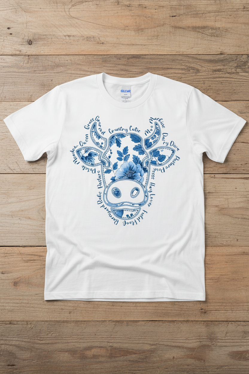 Country Cutie Floral Cow Tee mockup on white shirt