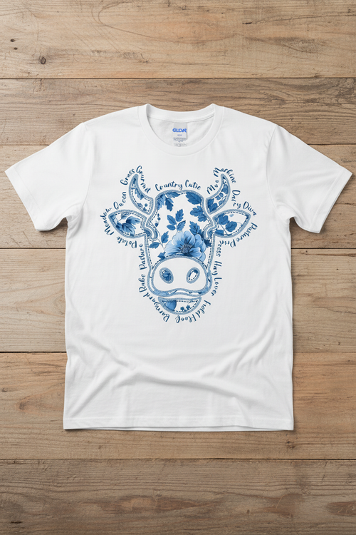 Country Cutie Floral Cow Tee mockup on white shirt