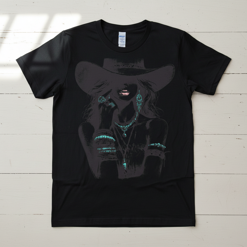 Dark moody cowgirl in wide brim hat with turquoise jewelry hand-pressed graphic tee on a black Gildan Softstyle shirt
