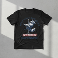 Mind Your Business My Wife Is Expensive pole-dancing raccoon hand-pressed graphic tee on a black Gildan Softstyle shirt