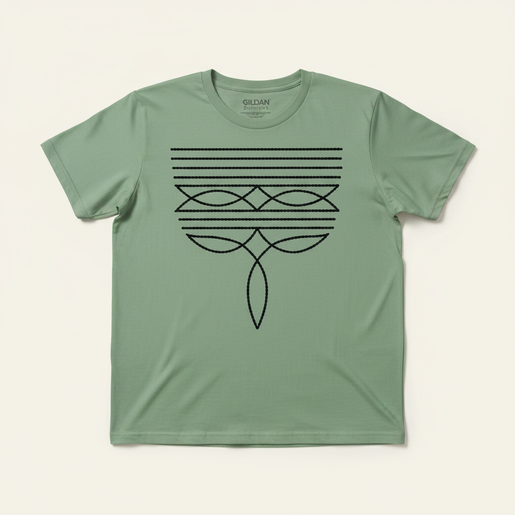 Boho black rope macramé geometric tee on sage Gildan Softstyle shirt
