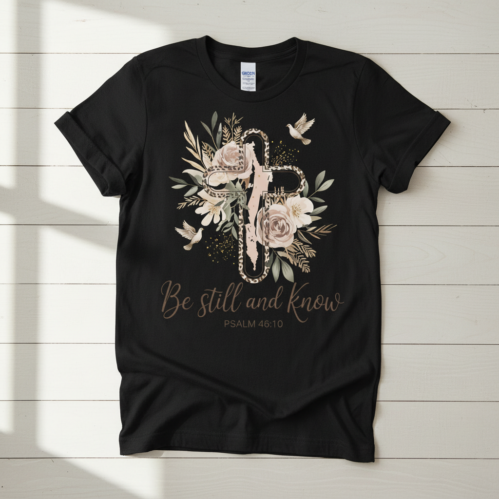 Be Still and Know Psalm 46:10 floral leopard cross hand-pressed tee on a Gildan Softstyle shirt