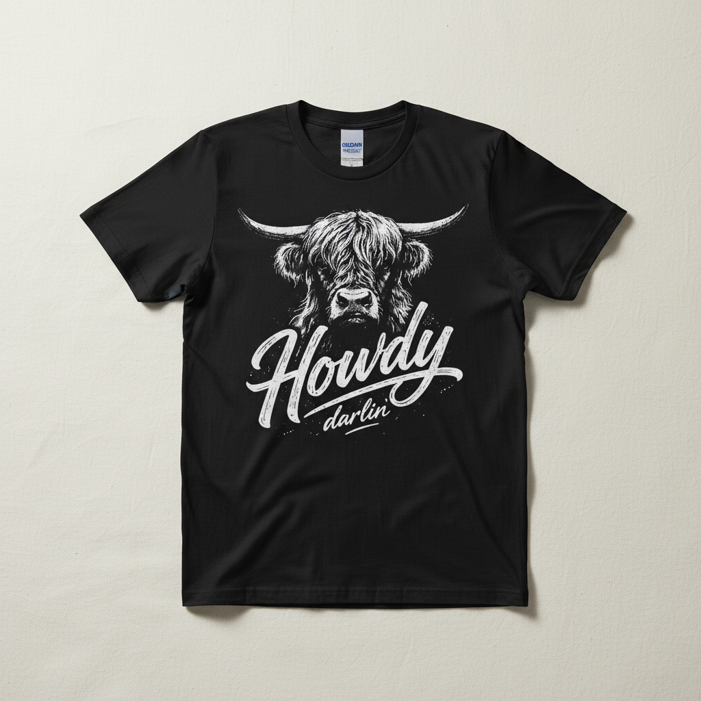 Howdy Darlin' Highland cow illustration hand-pressed graphic tee on a black Gildan Softstyle shirt