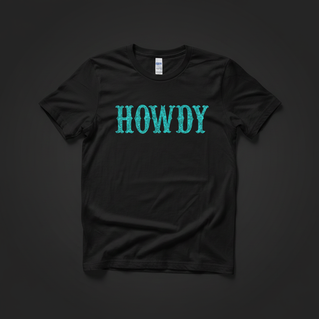 Turquoise stone crackle texture Howdy hand-pressed graphic tee on a black Gildan Softstyle shirt