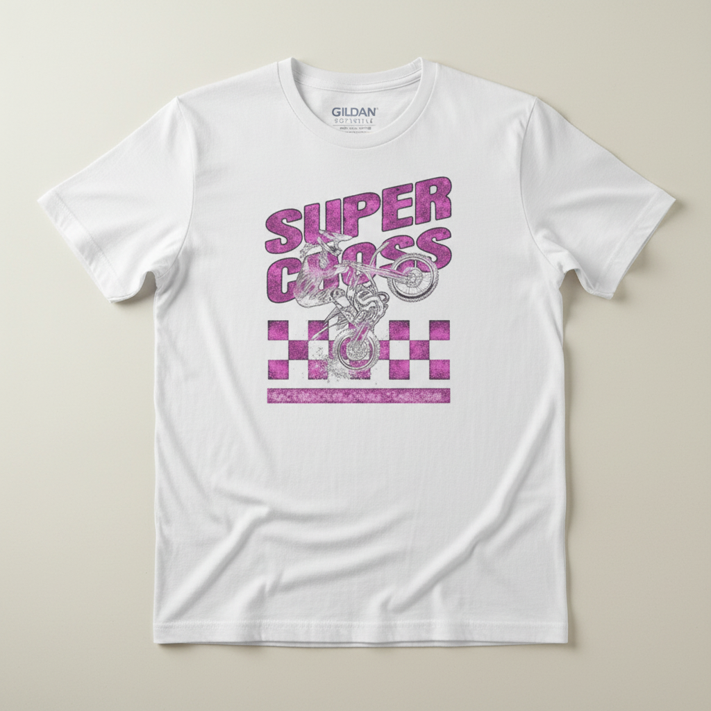 Supercross pink purple retro graphic tee on white Gildan Softstyle shirt