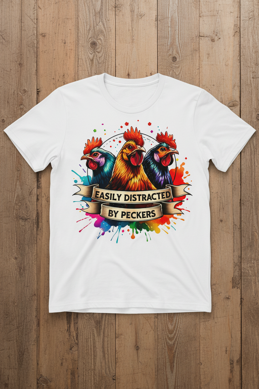 Easily Distracted by Peckers Tee mockup on white shirt