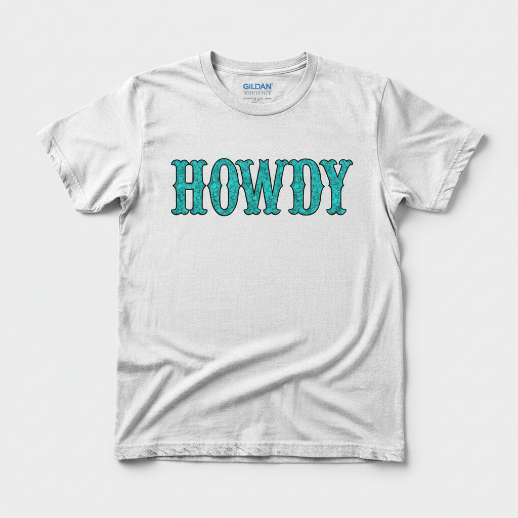 Turquoise stone Howdy tee on white rustic shirt