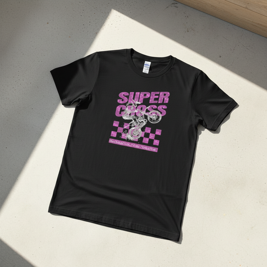 Supercross pink purple retro graphic tee on black Gildan Softstyle shirt
