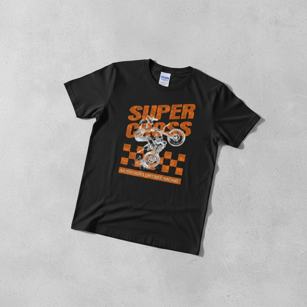 Supercross orange brown retro graphic tee on black Gildan Softstyle shirt